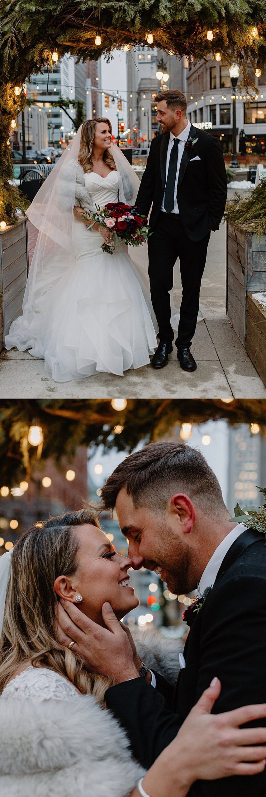 A glamorous winter wedding in downtown Detroit with wedding photos at Capital Park during Christmas.
