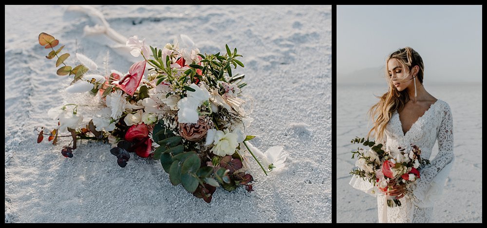Boho wedding florals in with pops of green and pink