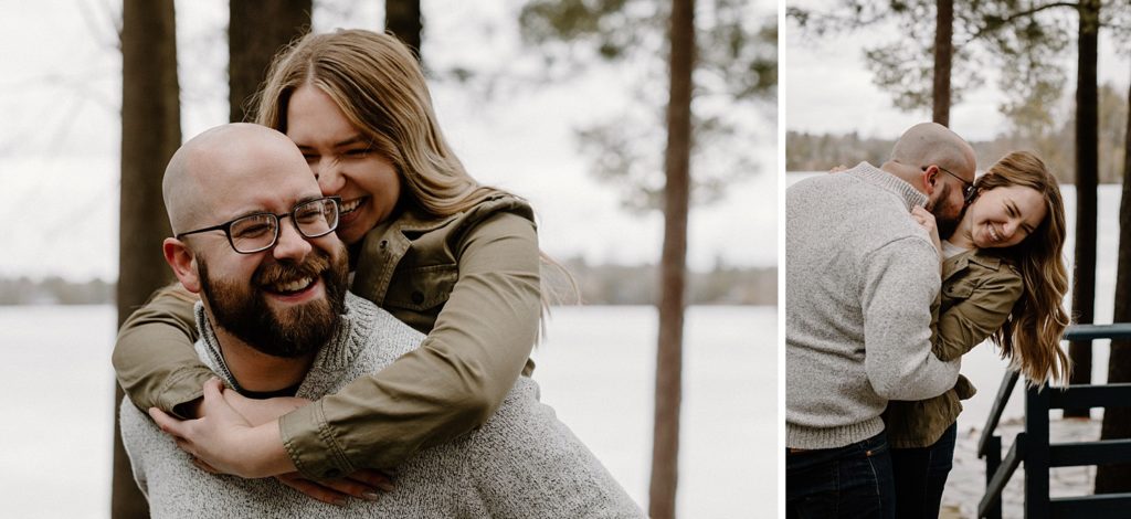 woman on man's back smiling and laughing