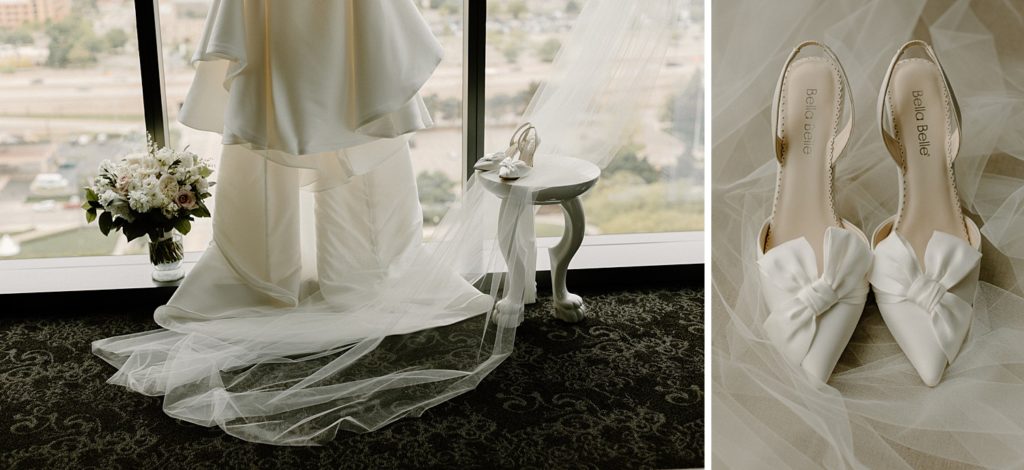 bottom of wedding dress and white heels on a vail 