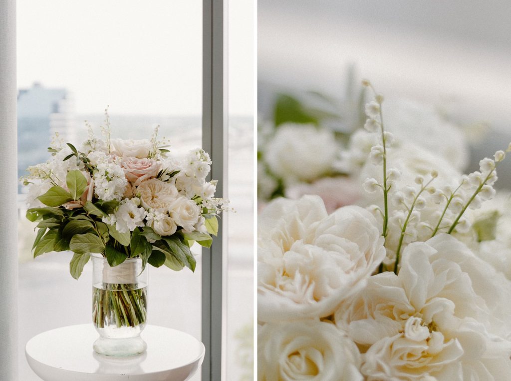 pink and white flower bouquet with green leaves 