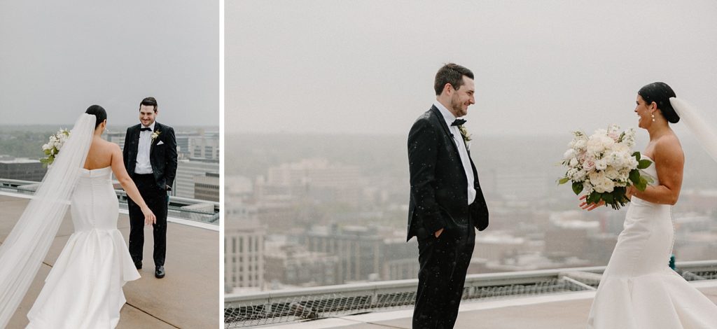 bride and groom first look on a rooftop 