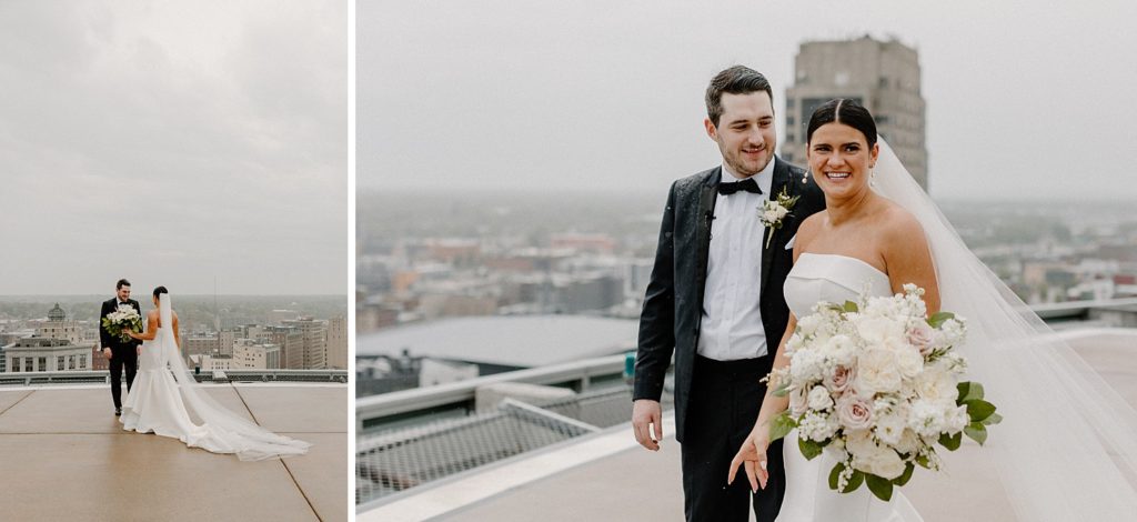 bride and groom looking at each other and smiling 
