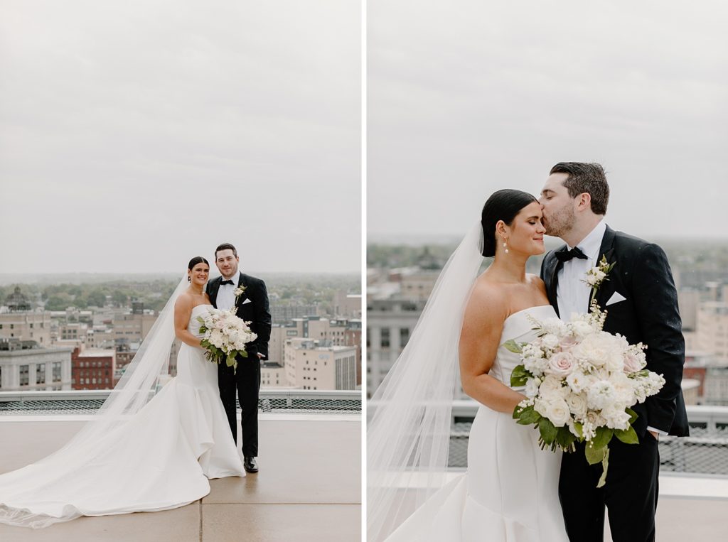 bride smiling while groom kisses her on the head 