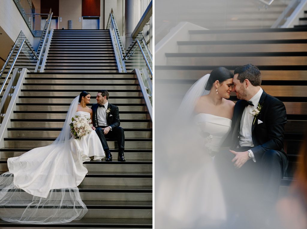 couple sitting on stairs smiling at each other 