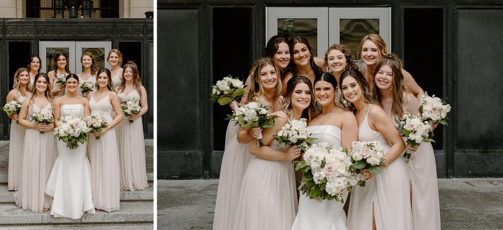 bride with wedding party surrounding her hugging her