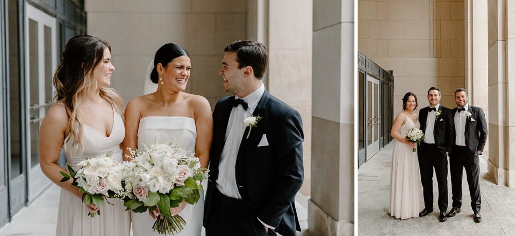 bride and groom smiling with some of their wedding party 