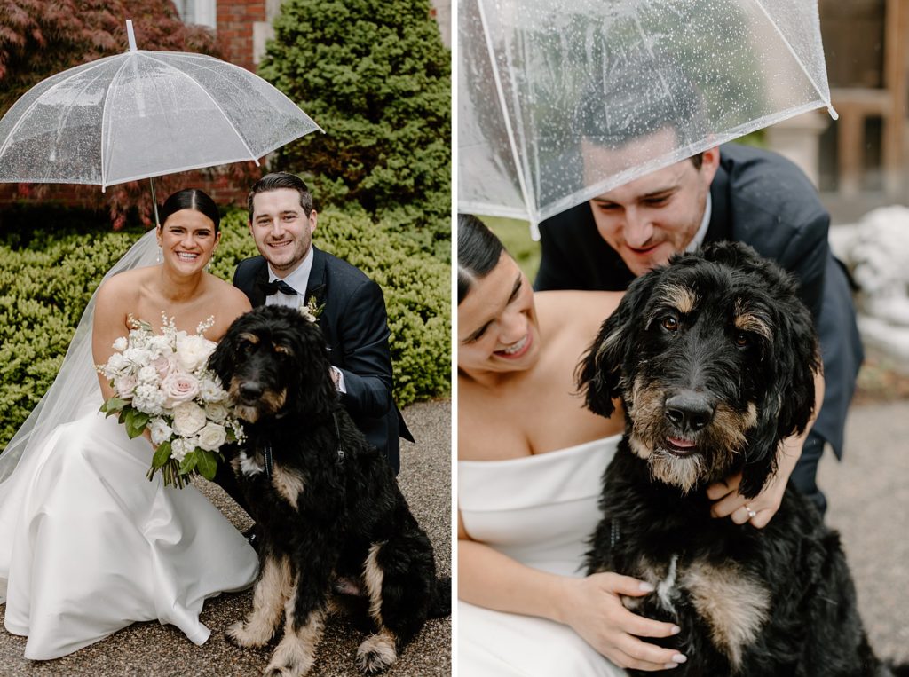 couple smiling and sitting with their dog 