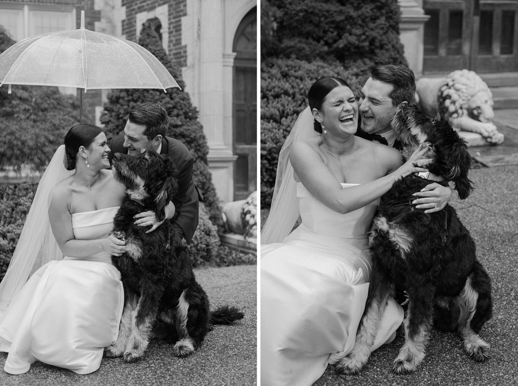 couple smiling as their dog is about to lick them 