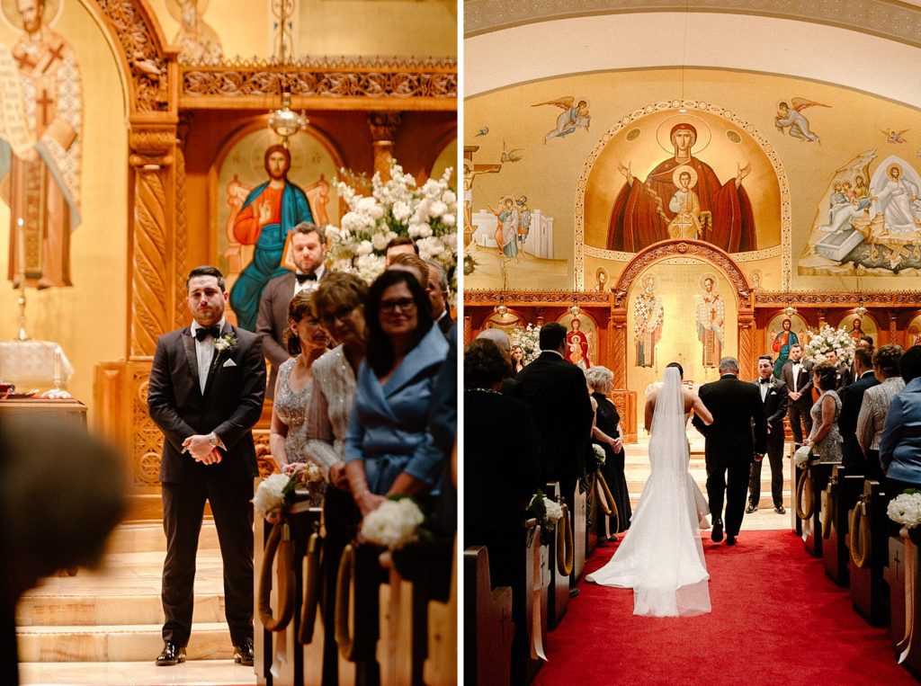 groom on the alter as bride walks down the aisle with her father 