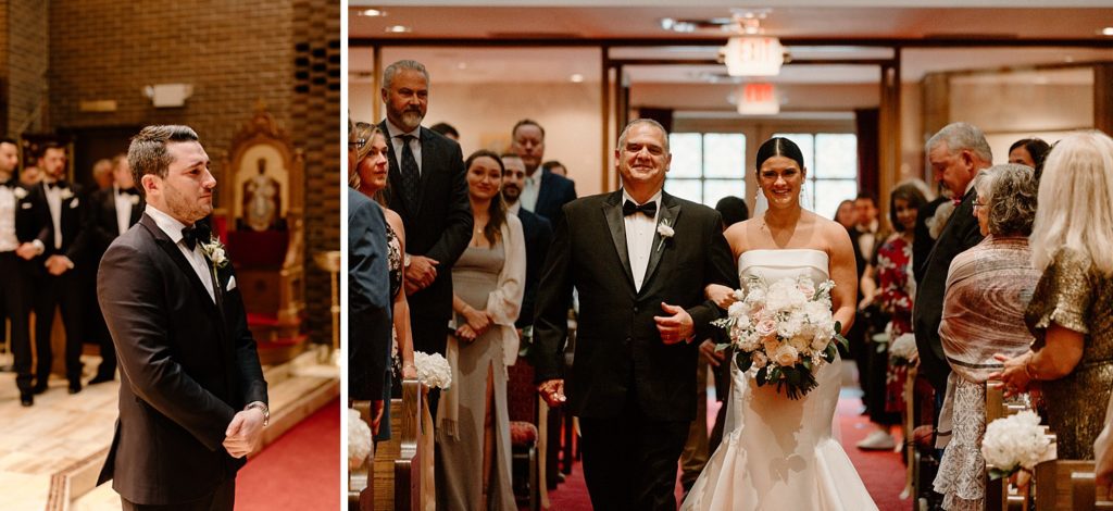 groom tearing up with bride smiles and walks arm in arm with her father 
