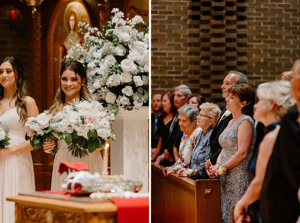 bridesmaids and guests smiling and looking towards the altar 