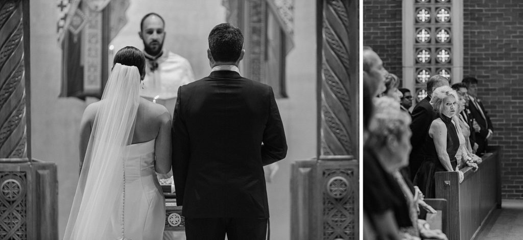 black and white photo of guests looking towards the couple on the altar 