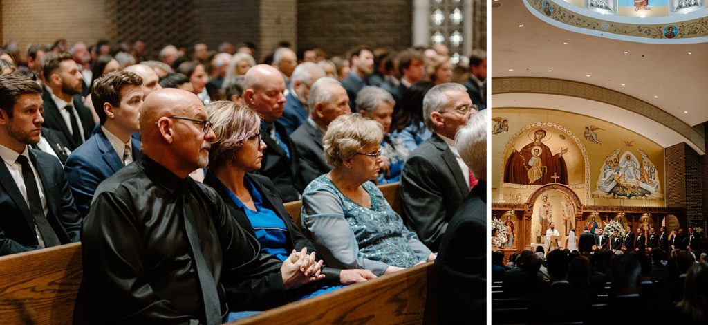 guests sitting in pews at wedding 