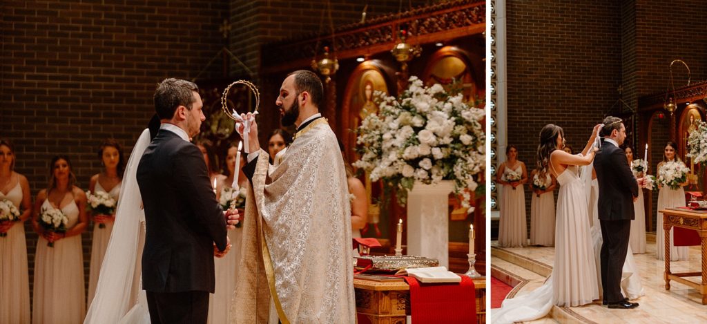 minister holding circular crown up in front of couple