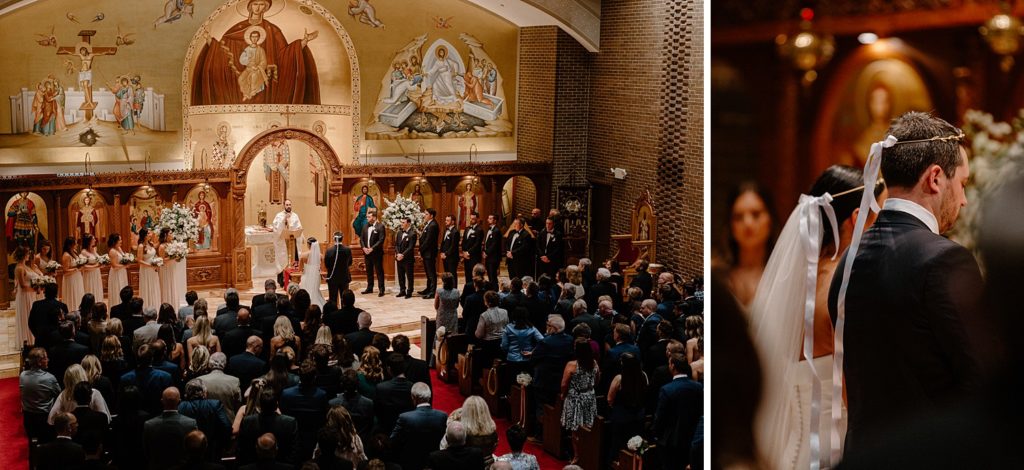 wedding guests looking towards the couple on the altar 
