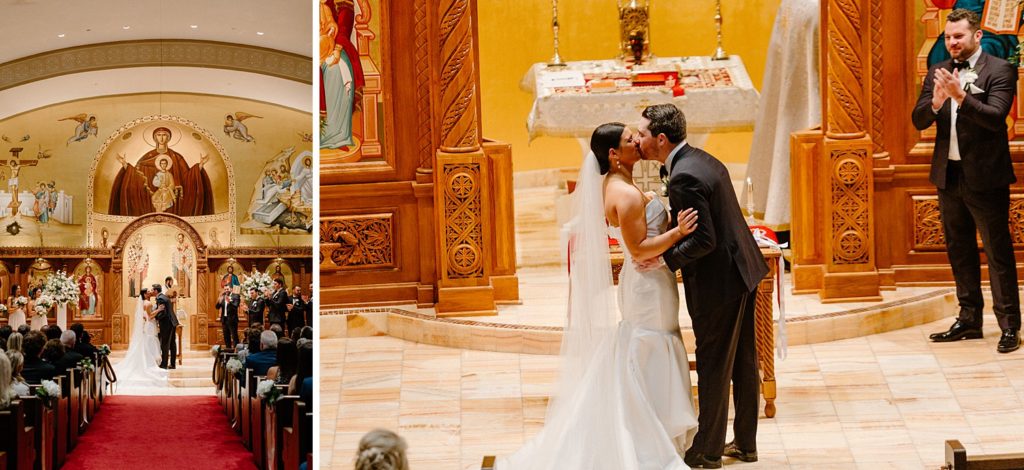 bride and groom during their first kiss