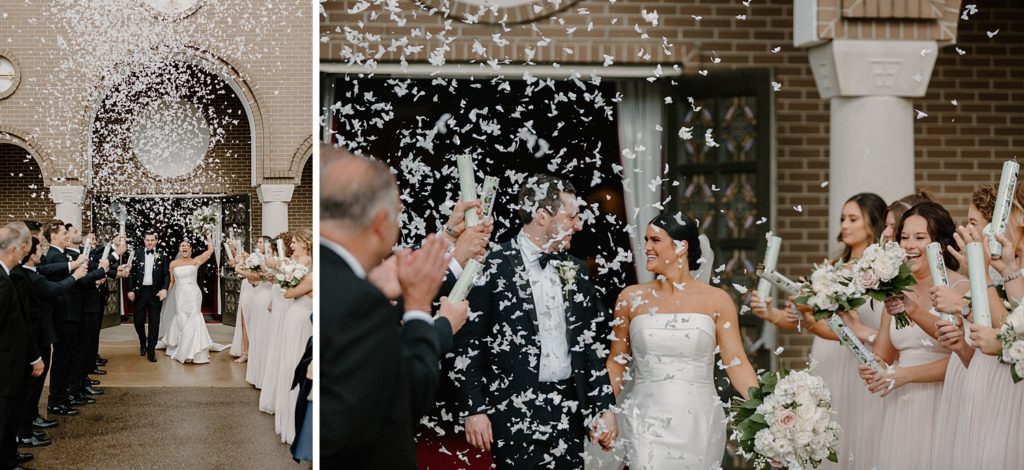wedding party shooting off confetti as the couple walks between them 