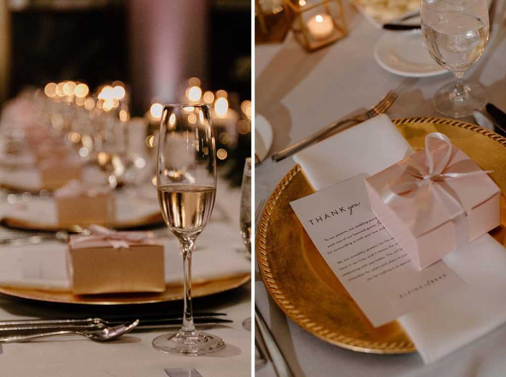 thank you cards and champagne on reception tables 