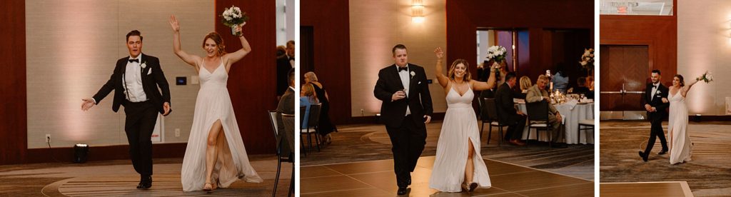bridal party walking in together dancing 