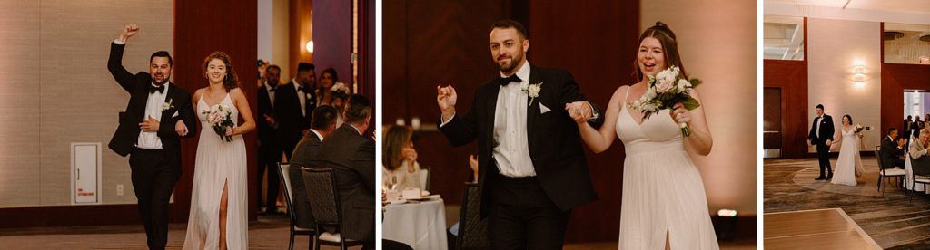 groups of the wedding party walking and dancing into wedding reception 