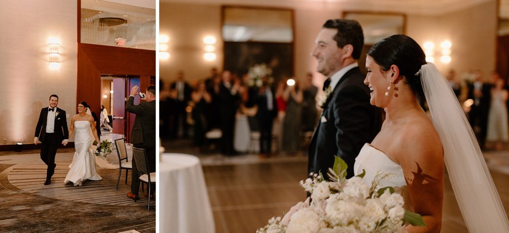 bride and groom smiling and walking into reception 