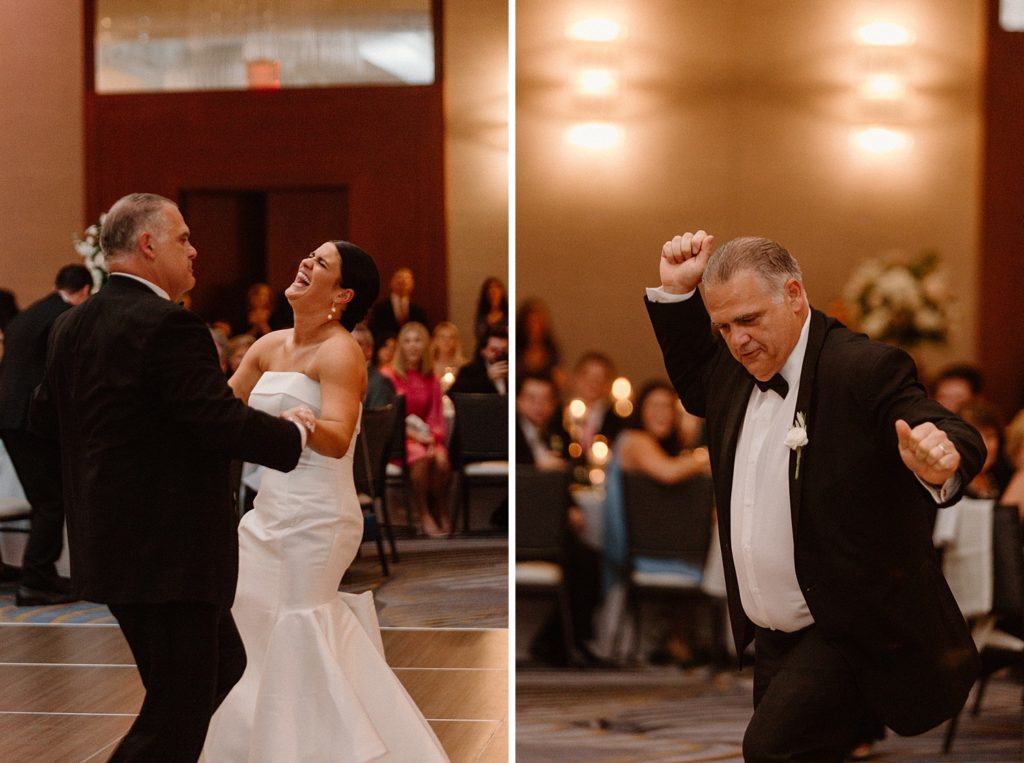 father of the bride dancing with her on the dance floor 