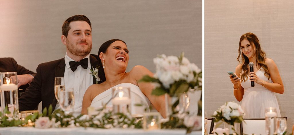 bride and groom smiling and laughing during a toast 