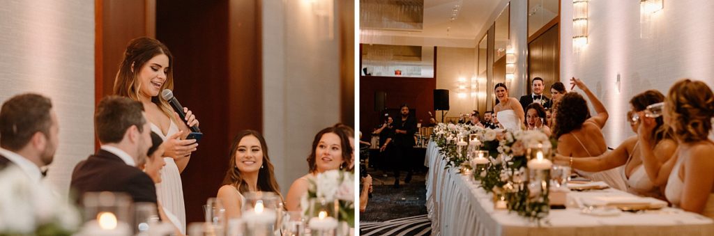 bride smiling while bridesmaid gives a toast 