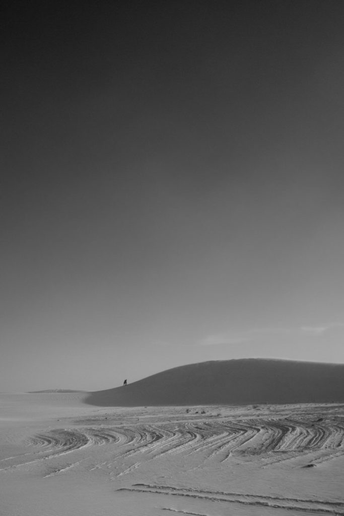 person climbing up a large sand dune in the distance